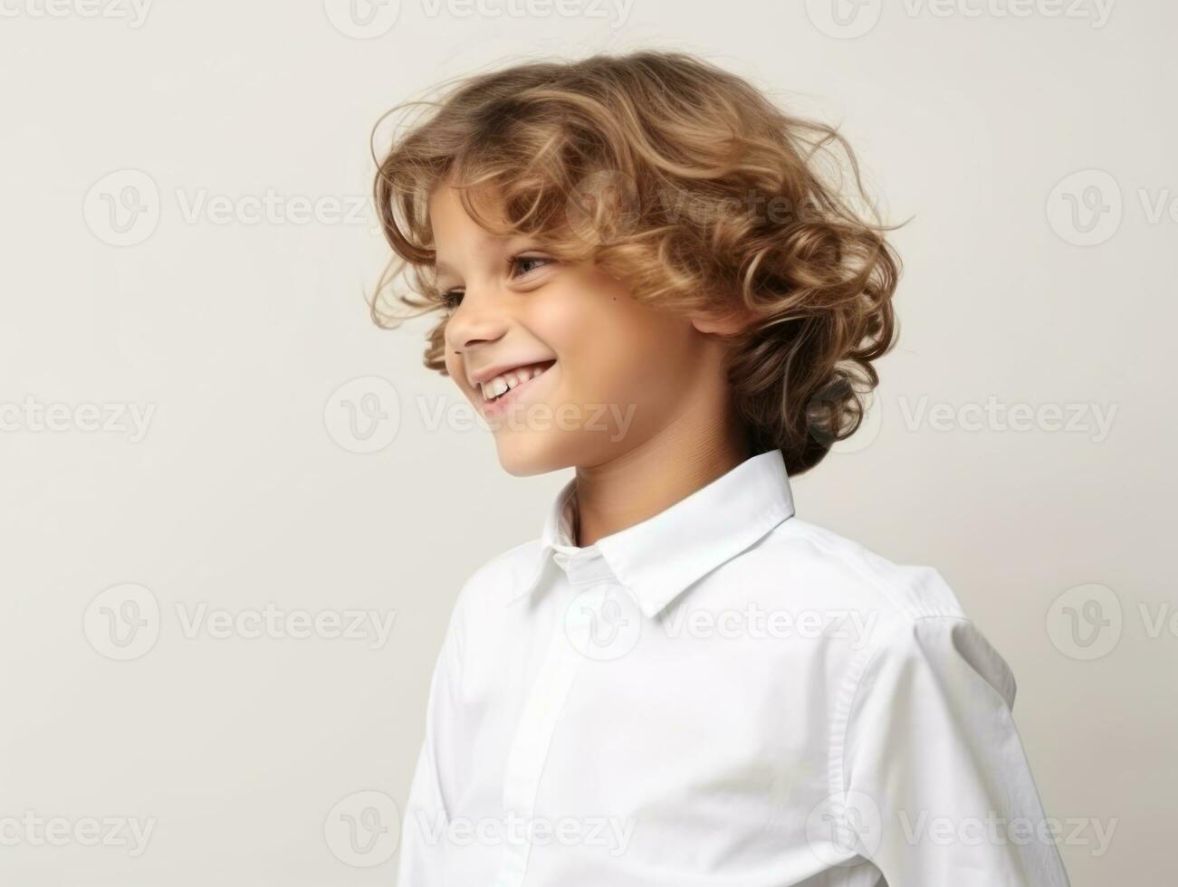 Happy European kid in casual clothing against a neutral background AI Generative photo