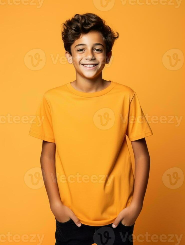 Happy European kid in casual clothing against a neutral background AI Generative photo