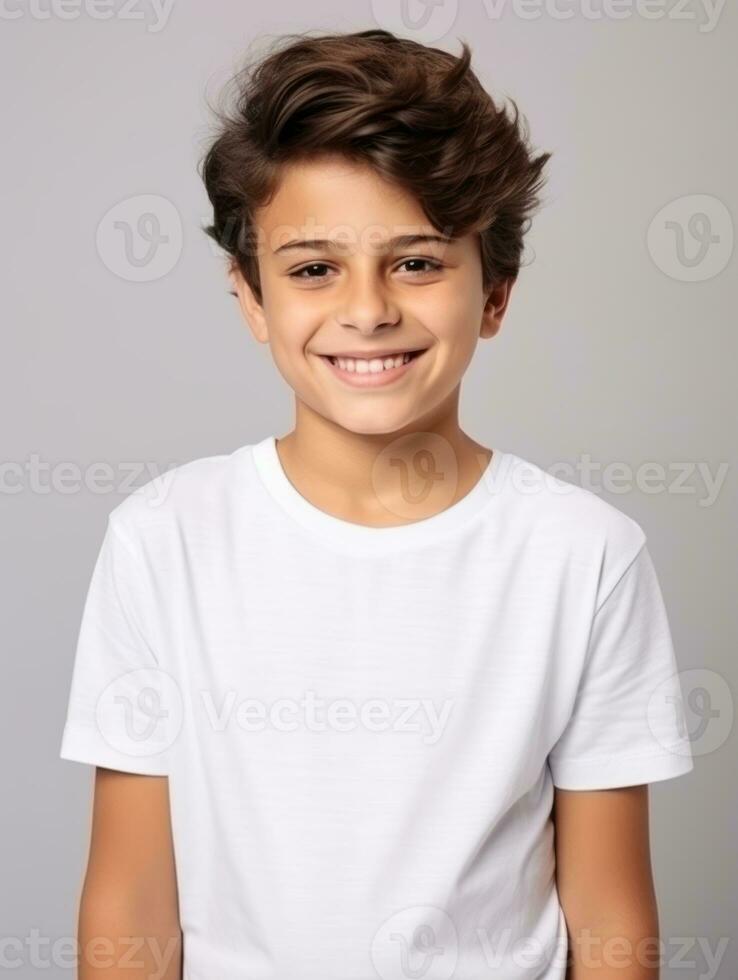 Happy European kid in casual clothing against a neutral background AI Generative photo