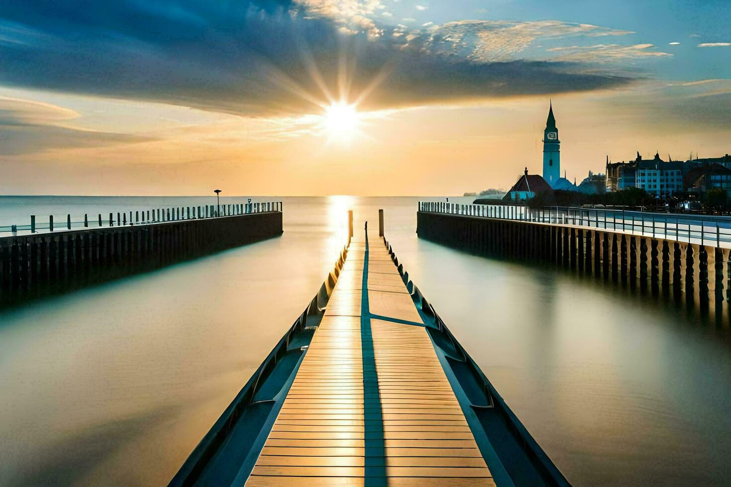 the sun is setting over a pier in the water. AI-Generated photo