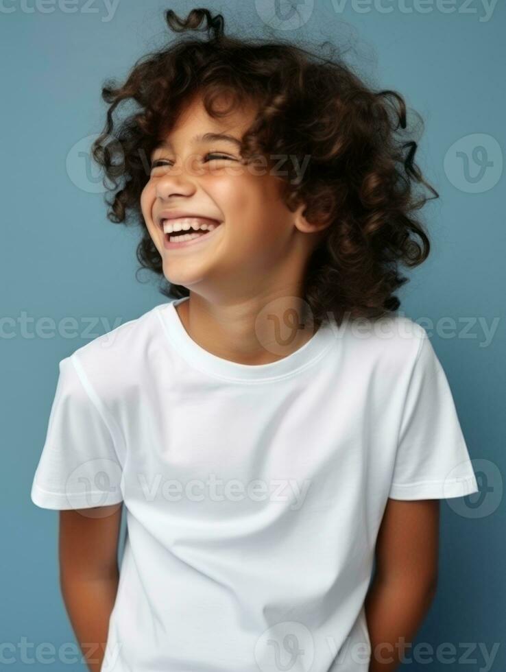 Happy European kid in casual clothing against a neutral background AI Generative photo