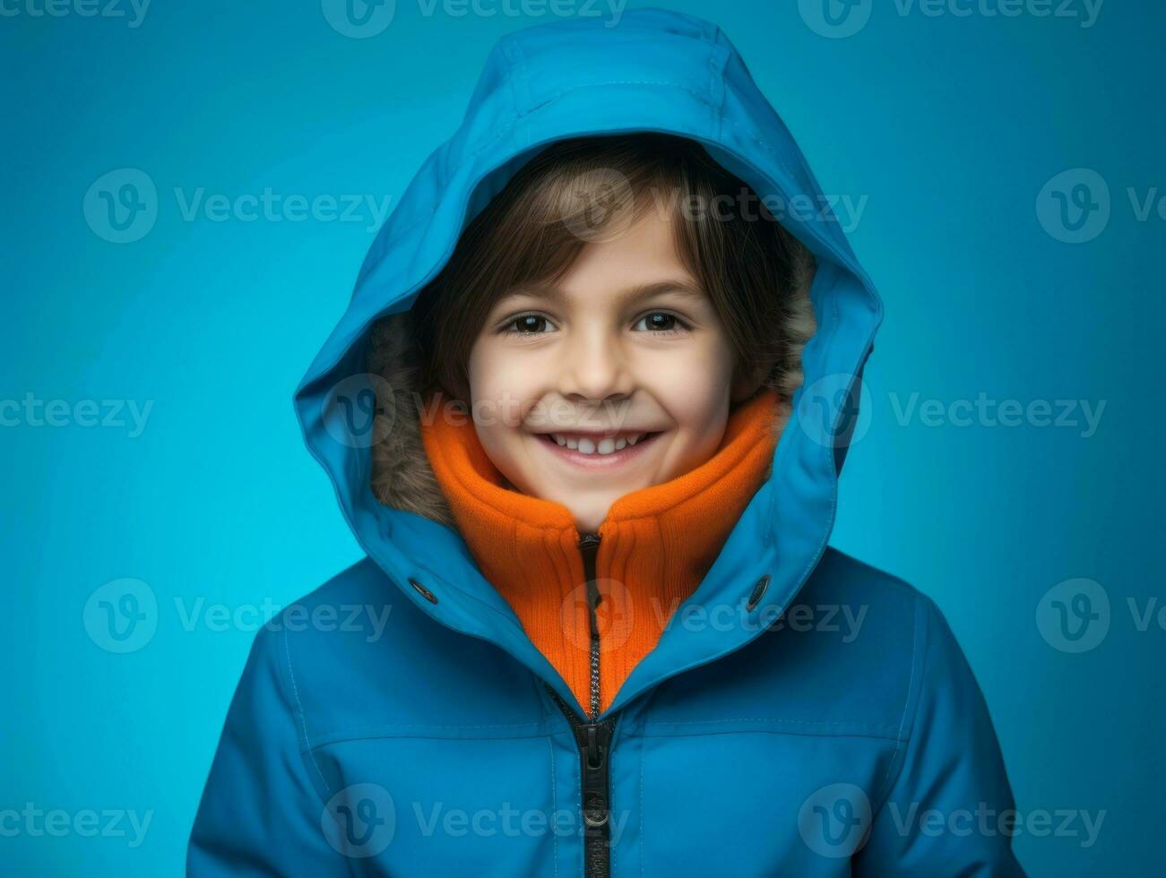 Happy European kid in casual clothing against a neutral background AI Generative photo