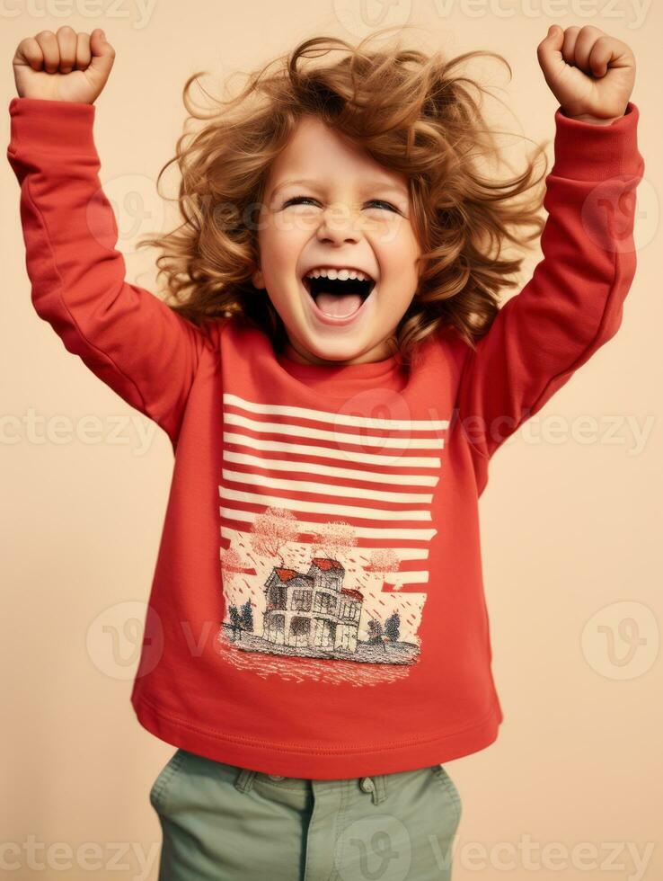 Happy European kid in casual clothing against a neutral background AI Generative photo