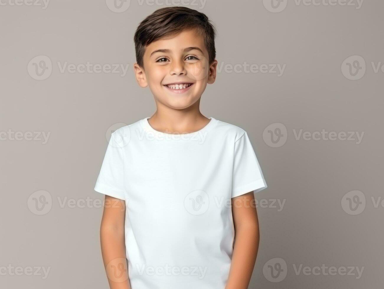 Happy European kid in casual clothing against a neutral background AI Generative photo