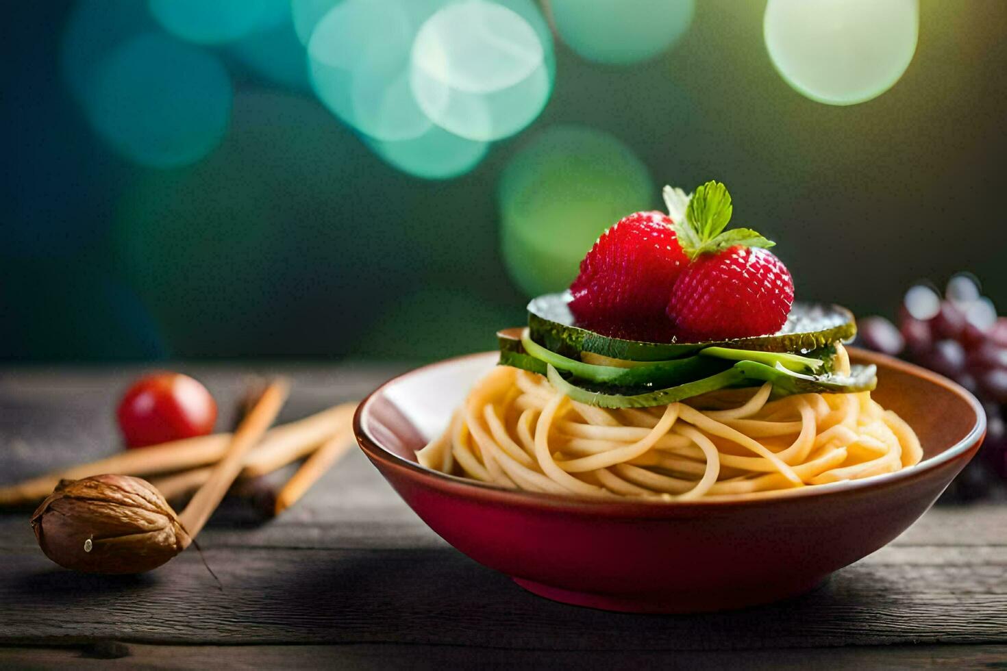 spaghetti with cucumber and raspberries on a wooden table. AI-Generated photo