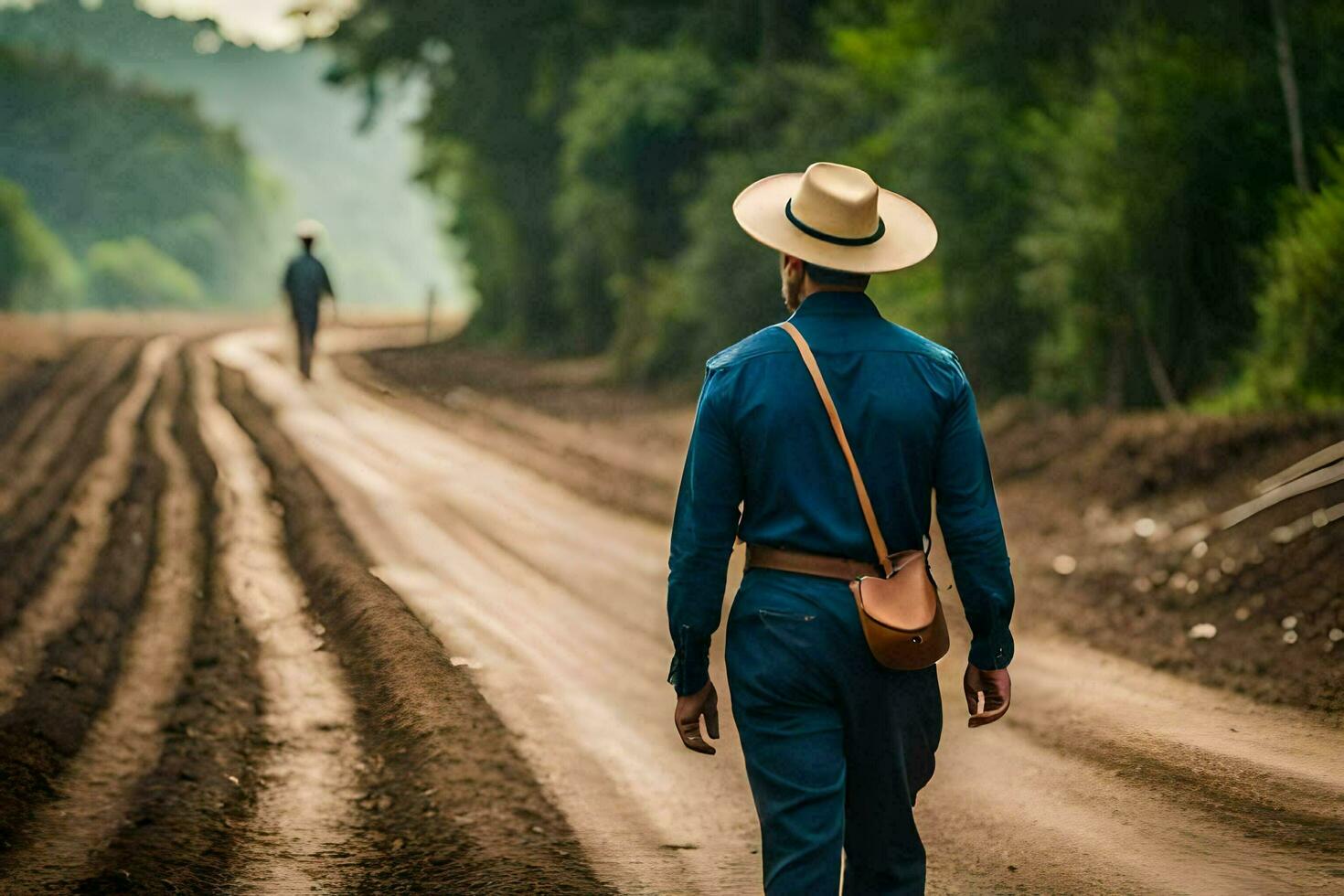 a man in a hat and blue shirt walking down a dirt road. AI-Generated photo