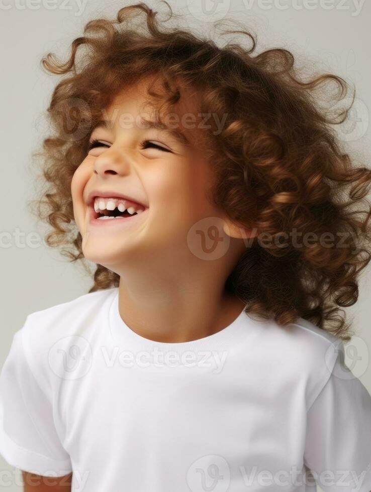 Happy European kid in casual clothing against a neutral background AI Generative photo