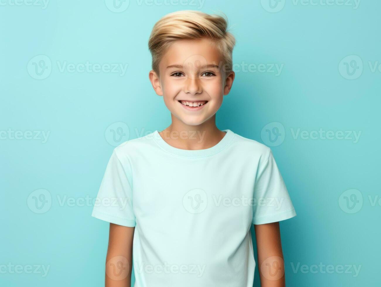 Happy European kid in casual clothing against a neutral background AI Generative photo