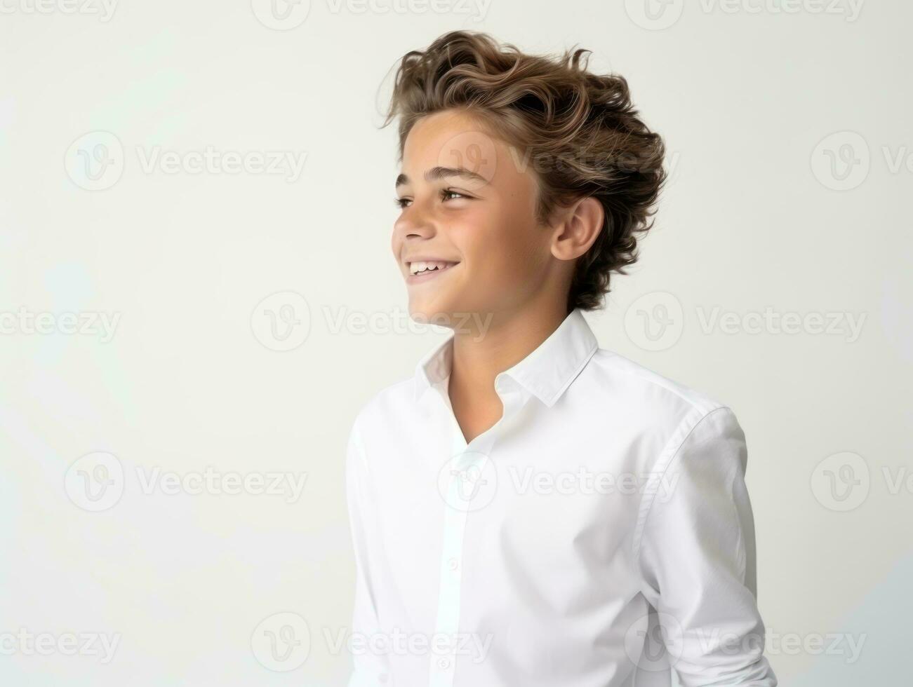 Happy European kid in casual clothing against a neutral background AI Generative photo