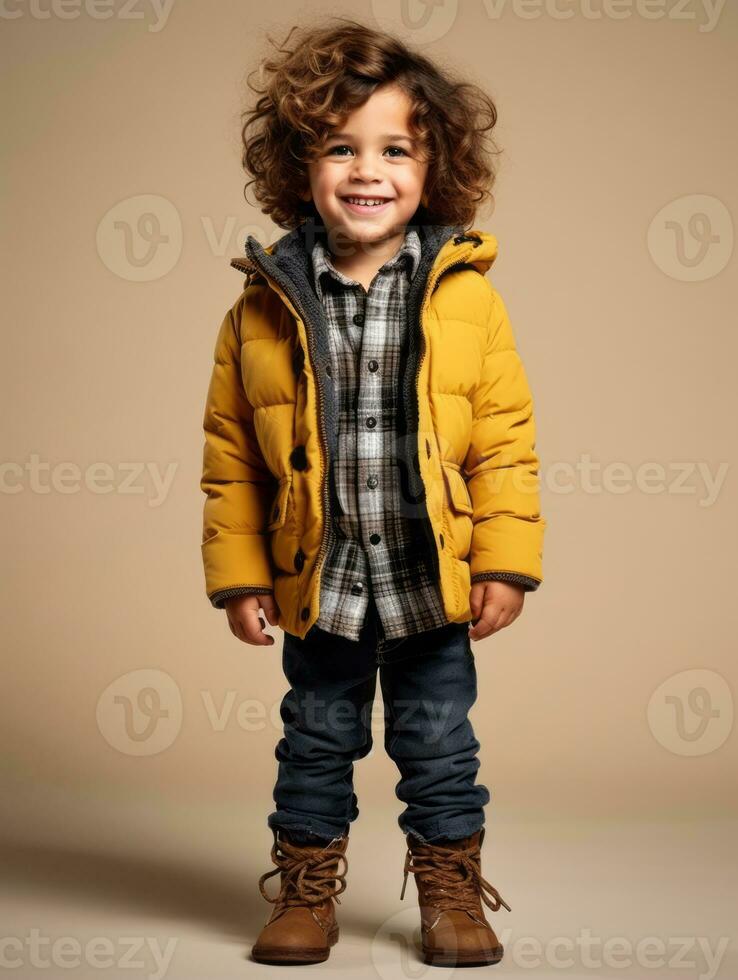 Happy European kid in casual clothing against a neutral background AI Generative photo