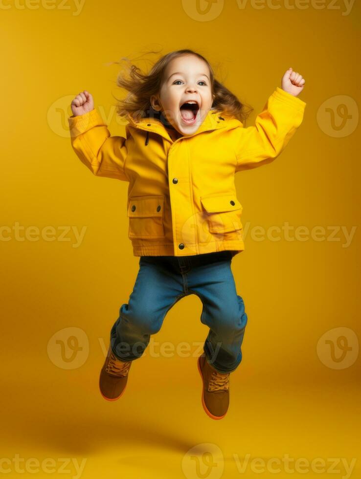 Happy European kid in casual clothing against a neutral background AI Generative photo