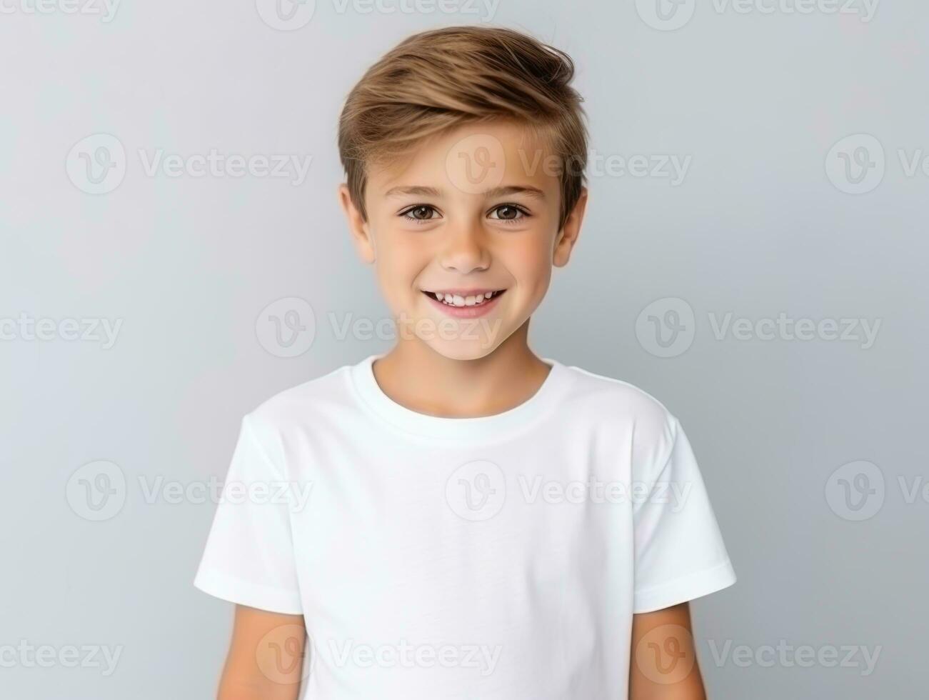 Happy European kid in casual clothing against a neutral background AI Generative photo