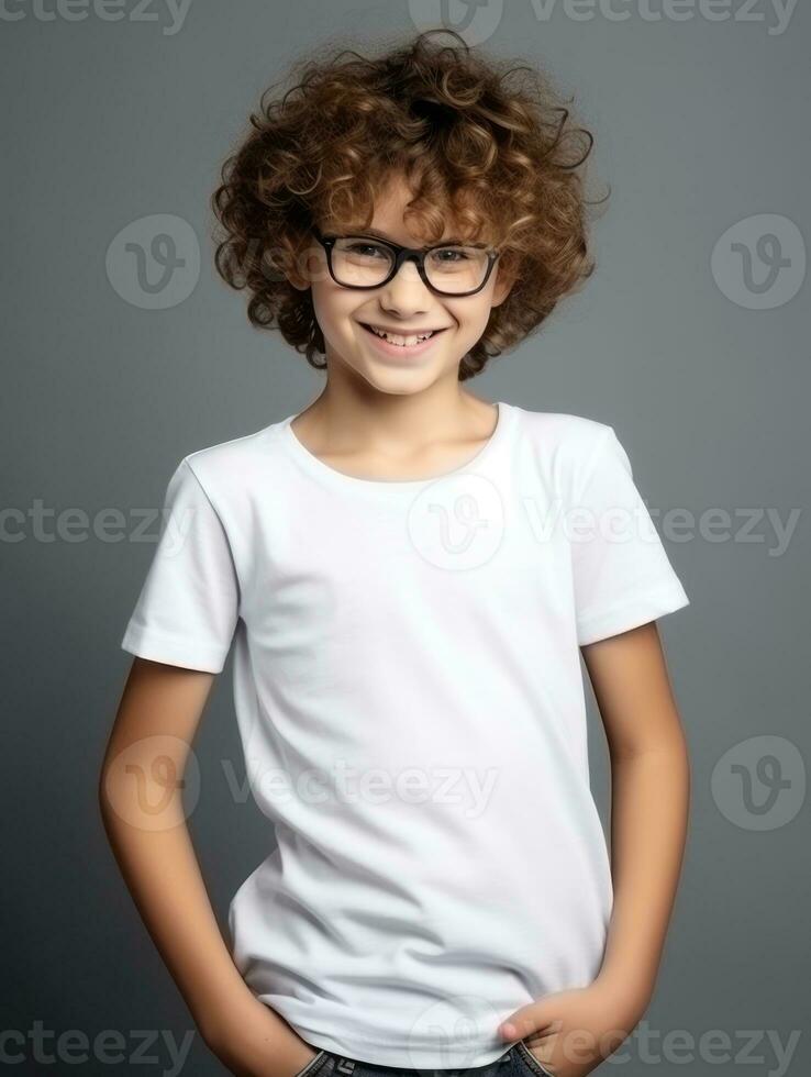 Happy European kid in casual clothing against a neutral background AI Generative photo