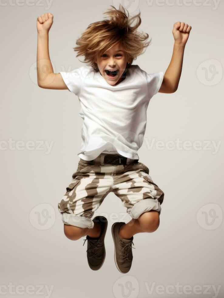 Happy European kid in casual clothing against a neutral background AI Generative photo