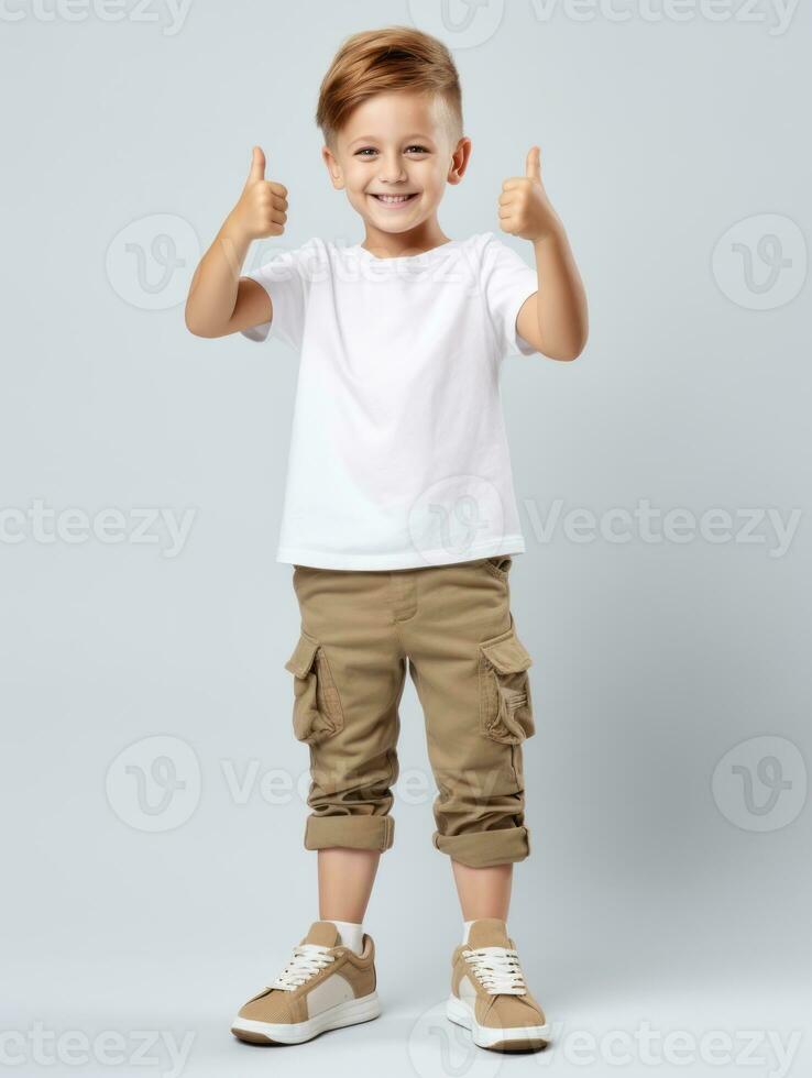 Happy European kid in casual clothing against a neutral background AI Generative photo