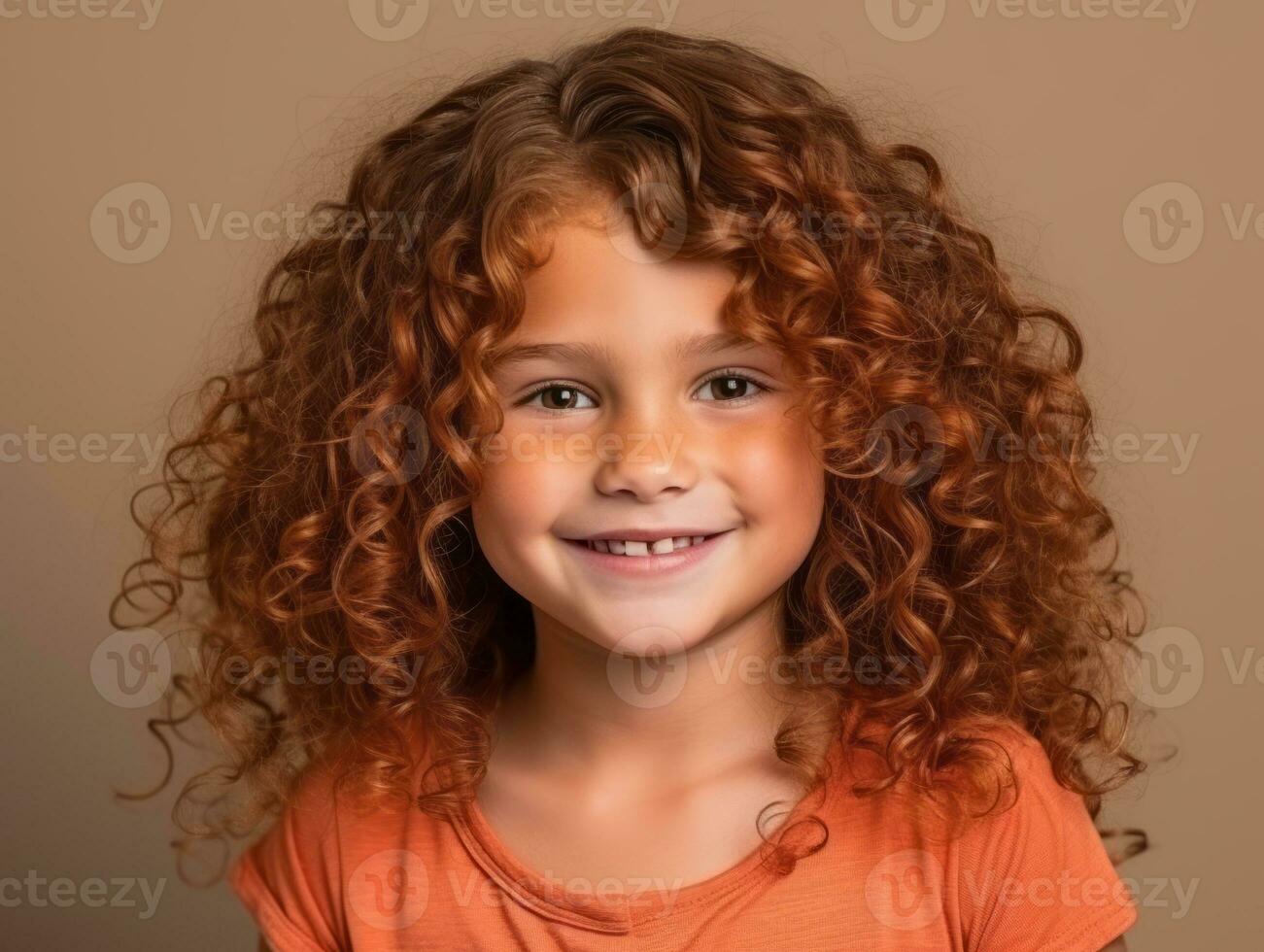 Happy European kid in casual clothing against a neutral background AI Generative photo