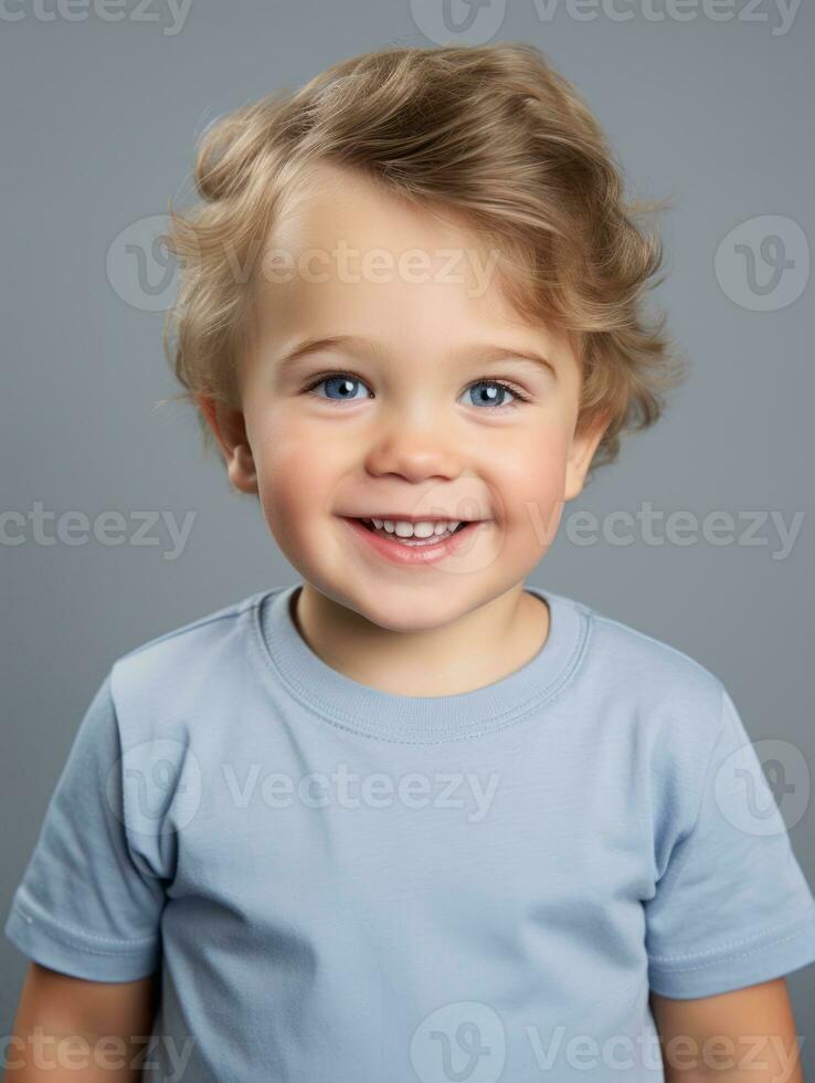 Happy European kid in casual clothing against a neutral background AI Generative photo