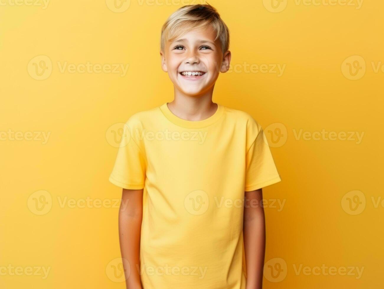Happy European kid in casual clothing against a neutral background AI Generative photo