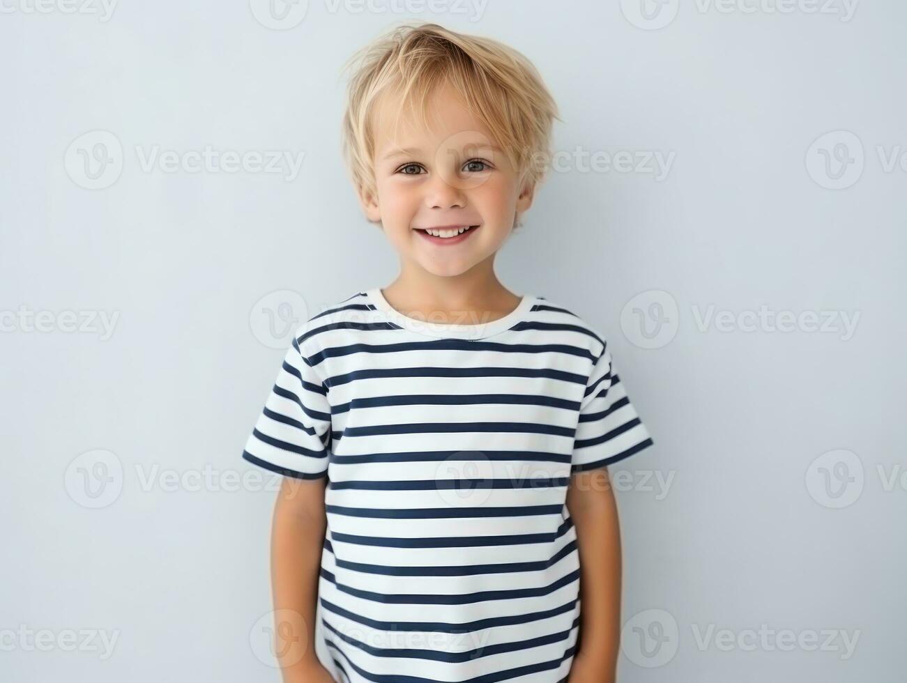 Happy European kid in casual clothing against a neutral background AI Generative photo