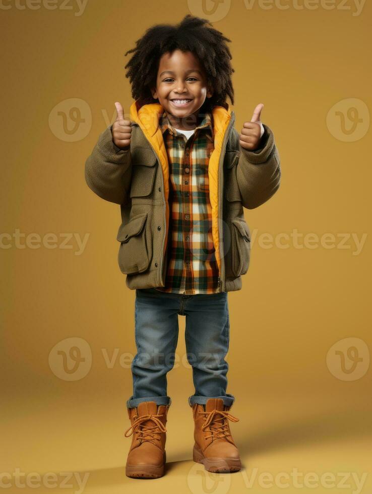 Happy European kid in casual clothing against a neutral background AI Generative photo