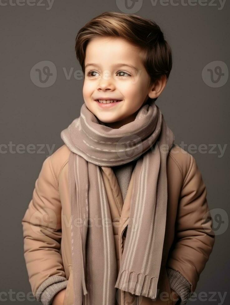 Happy European kid in casual clothing against a neutral background AI Generative photo