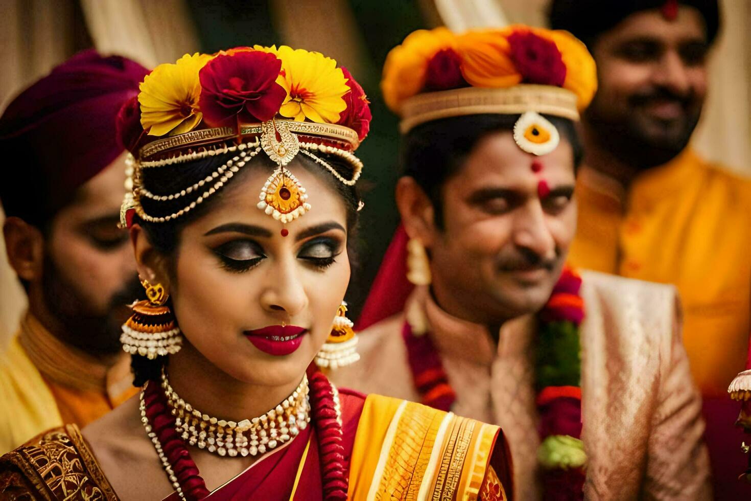 un novia y novio en tradicional indio atuendo. generado por ai foto