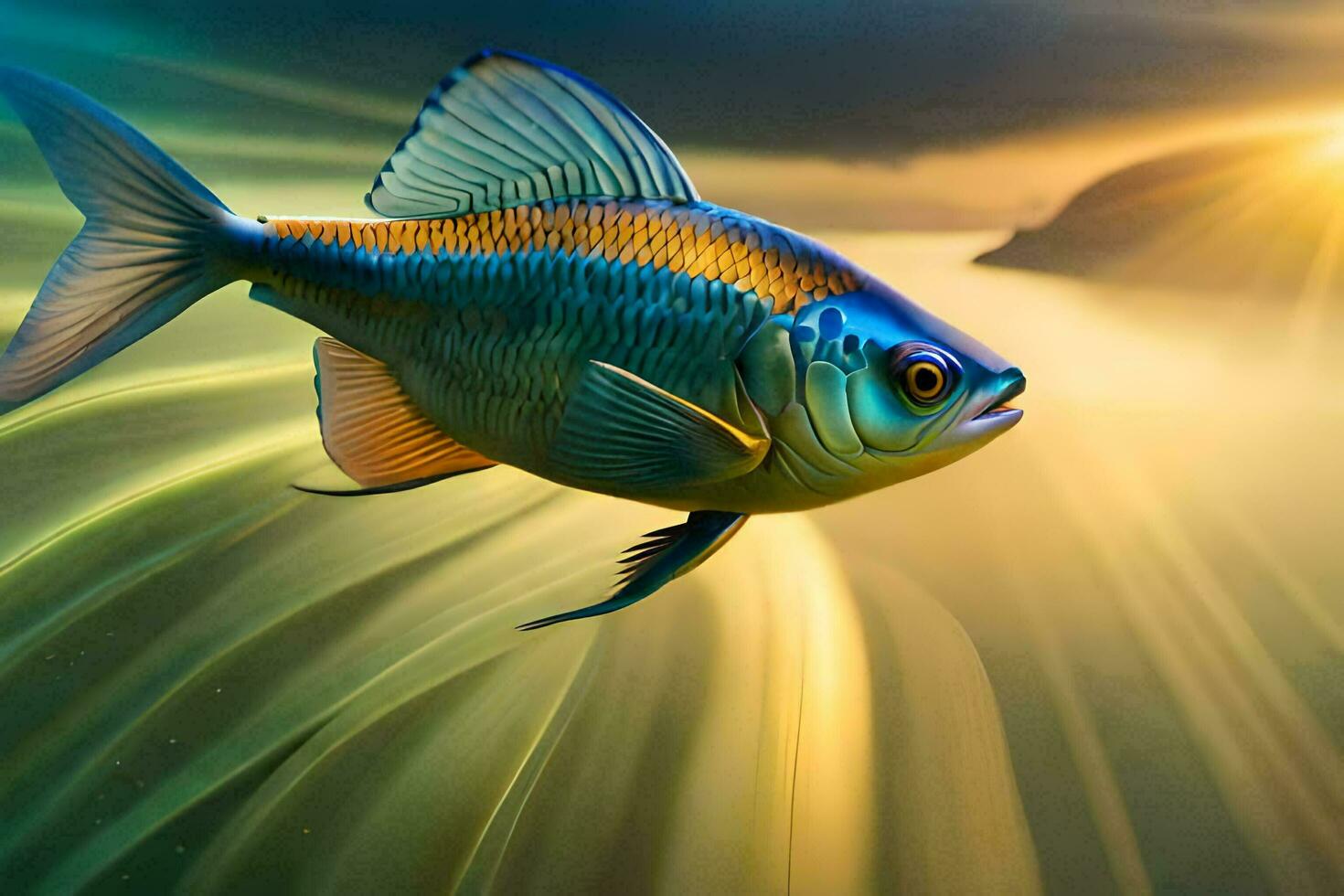 a fish in the ocean with a sunset in the background. AI-Generated photo