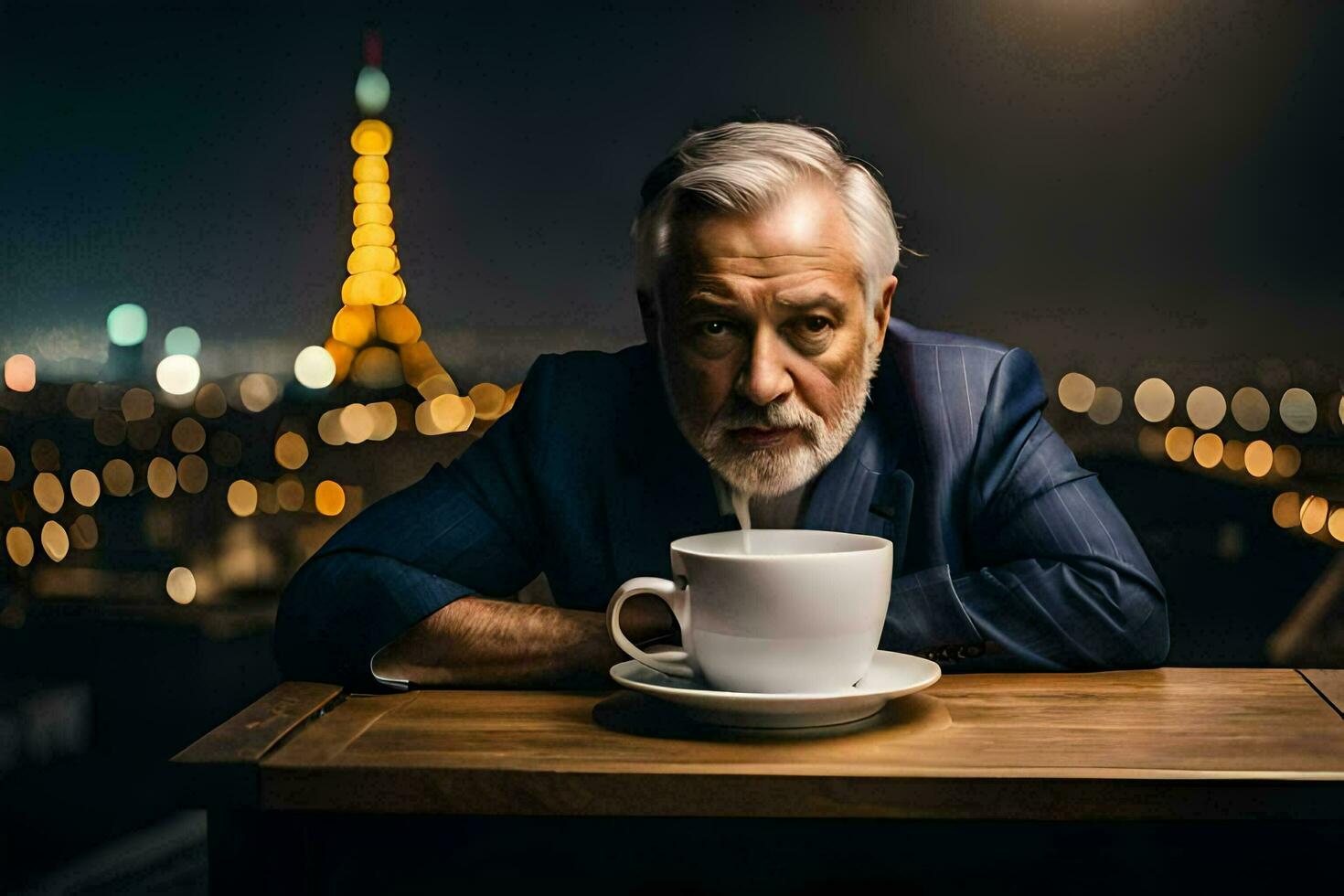 an old man with a beard and a cup of coffee. AI-Generated photo