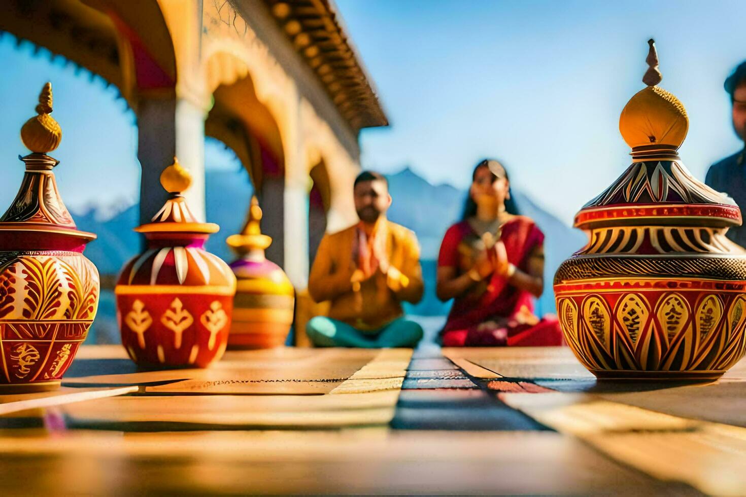 people sitting on a wooden floor with colorful vases. AI-Generated photo