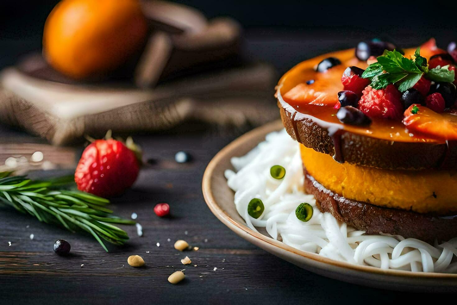 a plate with a cake and fruit on it. AI-Generated photo