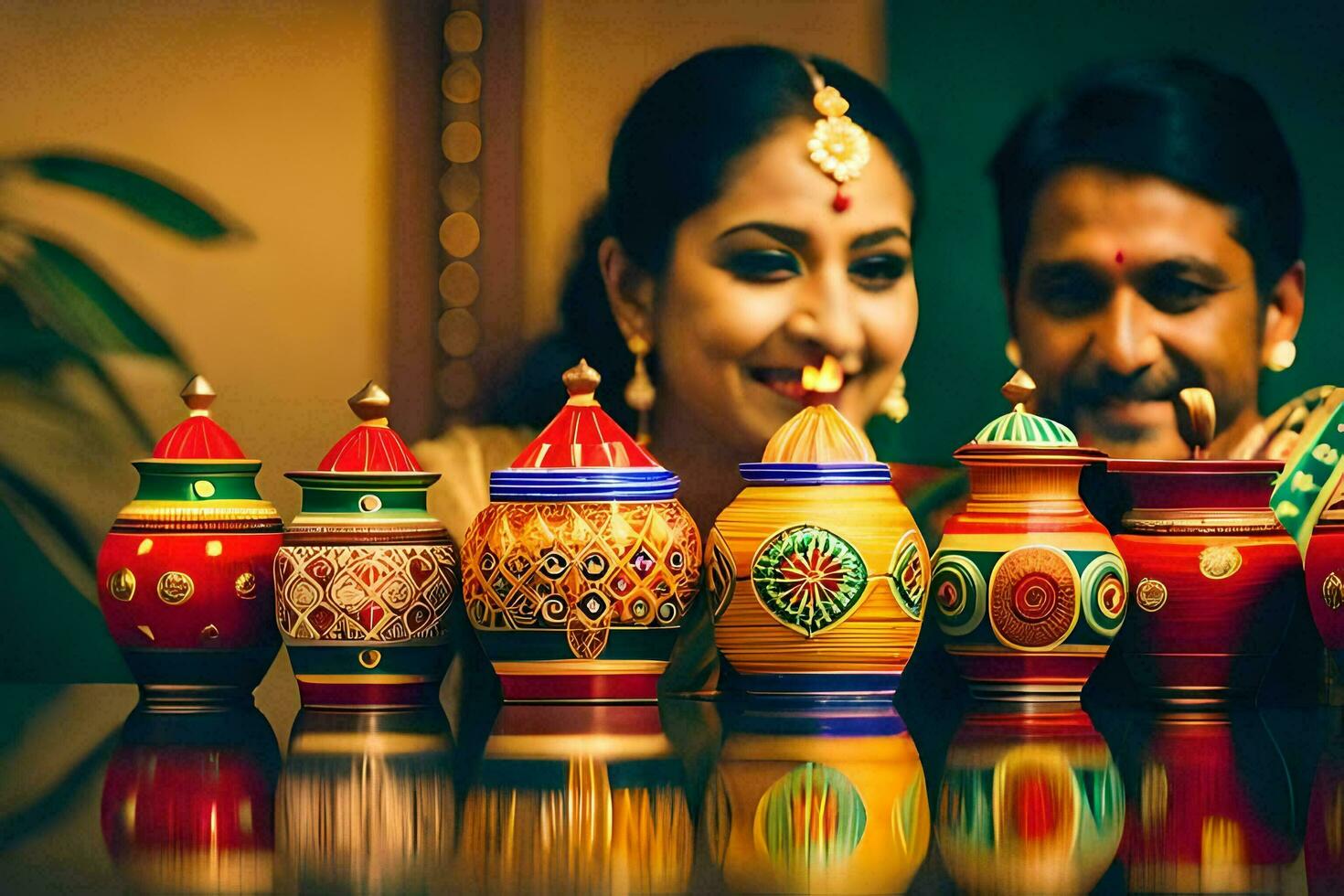 a couple in traditional indian attire are posing for a photo. AI-Generated photo