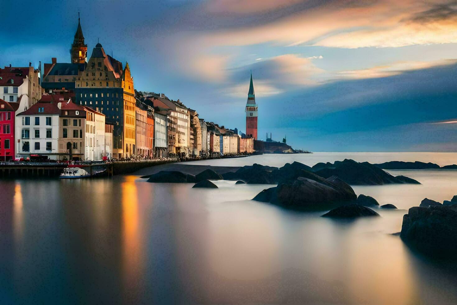 the city of copenhagen, denmark, at sunset. AI-Generated photo