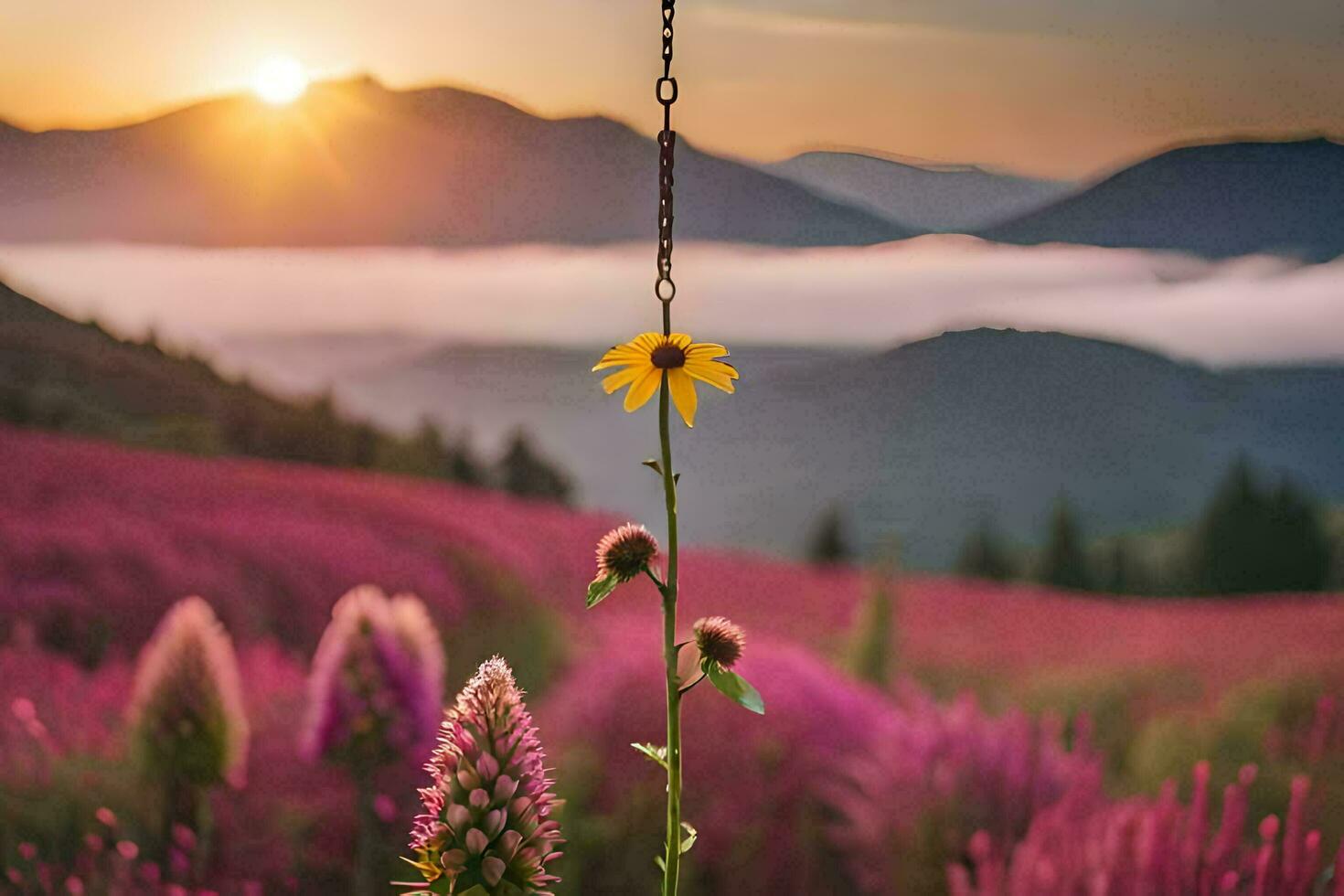 a flower in a field with mountains in the background. AI-Generated photo