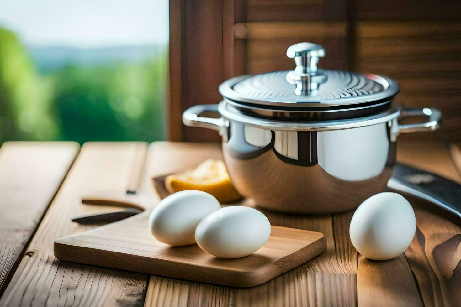 eggs on a wooden table next to a pot and a knife. AI-Generated photo