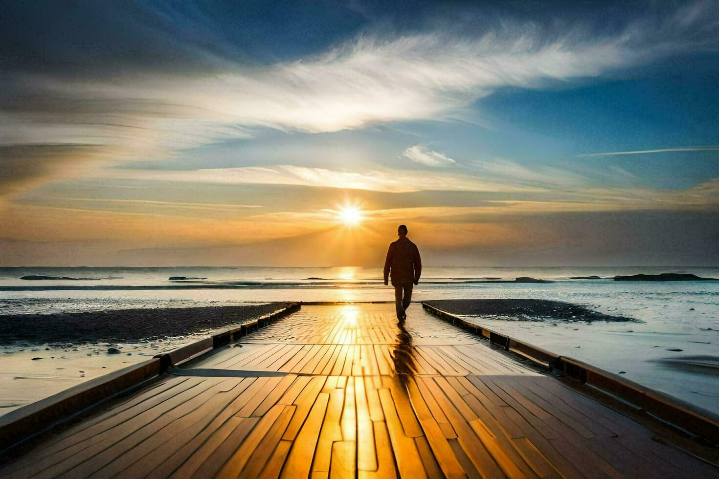 a man walking on a wooden pier at sunset. AI-Generated photo