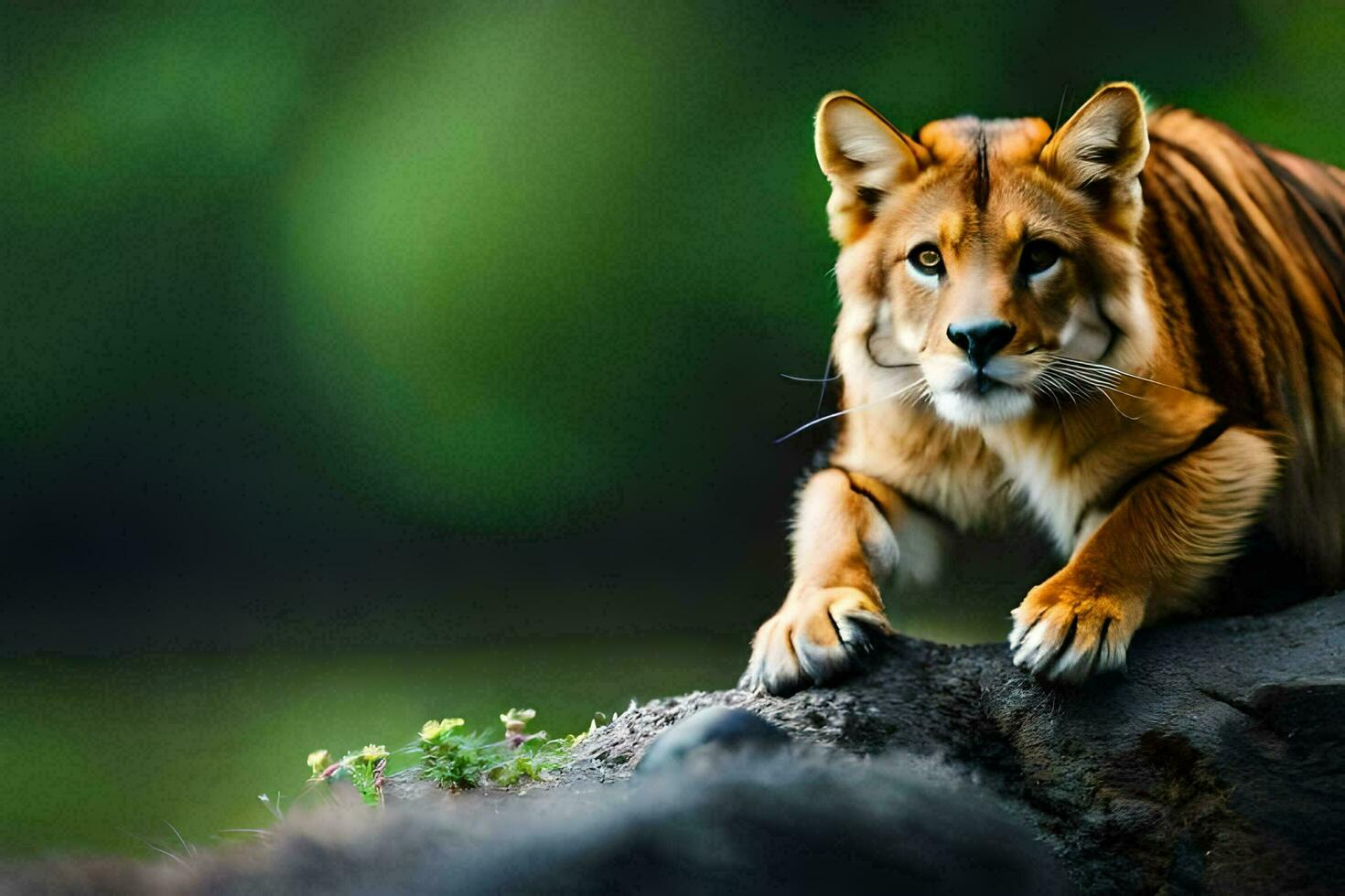 un Tigre es sentado en un rock en el bosque. generado por ai foto