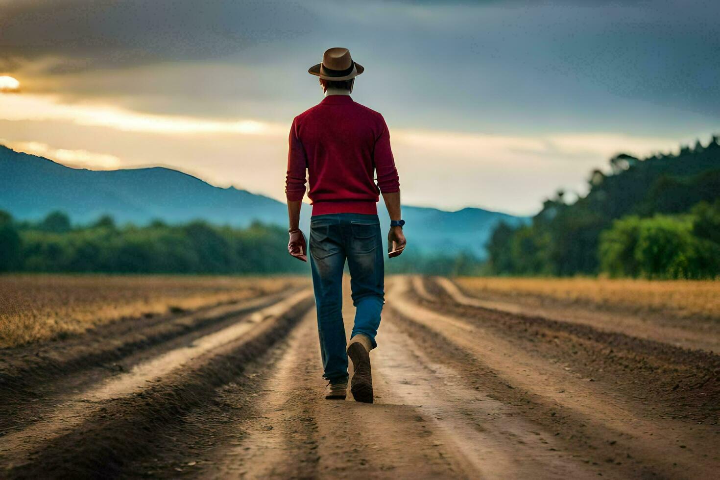 man walking on dirt road in the middle of nowhere. AI-Generated photo