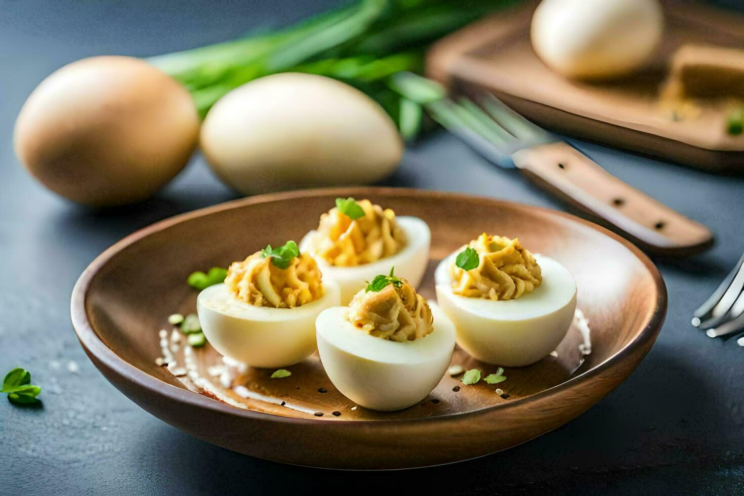 muy condimentado huevos en un plato con perejil y un tenedor. generado por ai foto