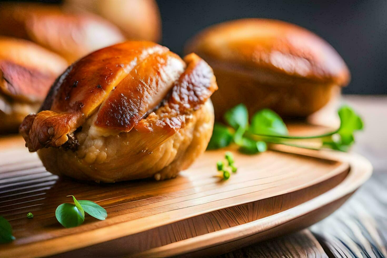 chicken stuffed in a bread roll on a wooden cutting board. AI-Generated photo