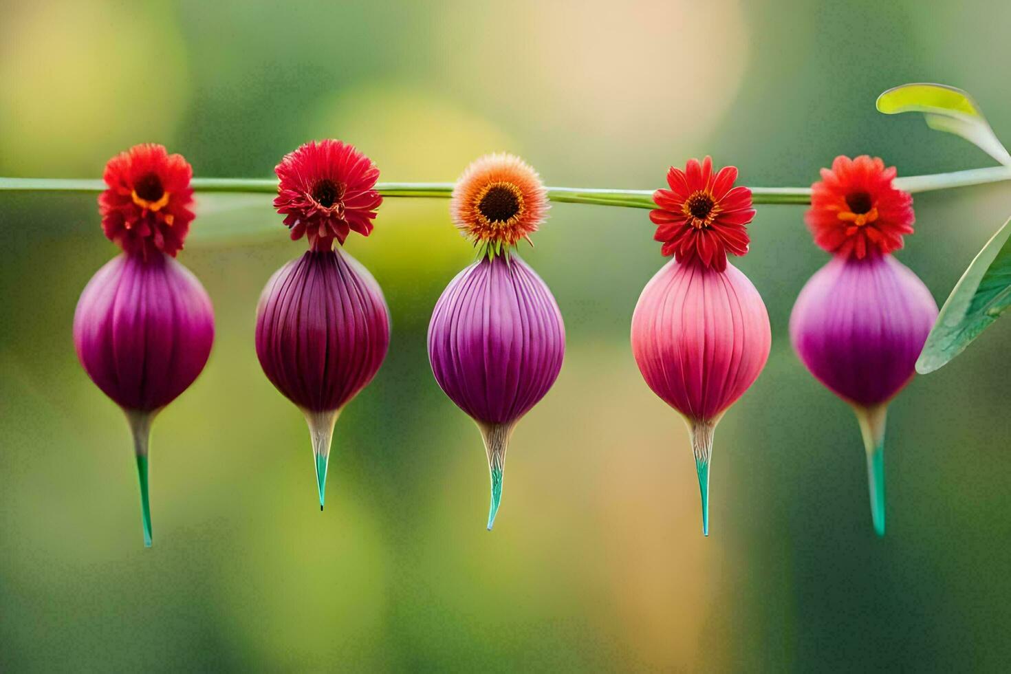 five colorful flowers are hanging from a branch. AI-Generated photo