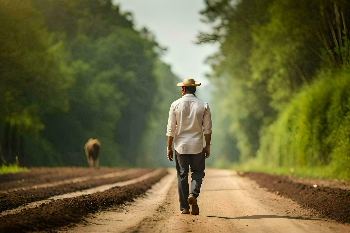 un hombre caminando abajo un suciedad la carretera con vacas en el antecedentes. generado por ai foto