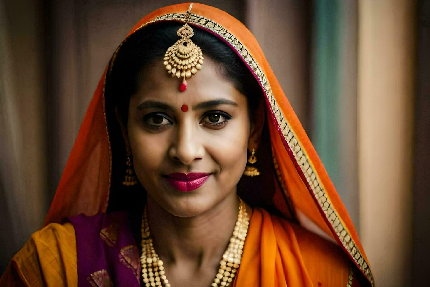 a woman in an orange sari with gold jewelry. AI-Generated photo