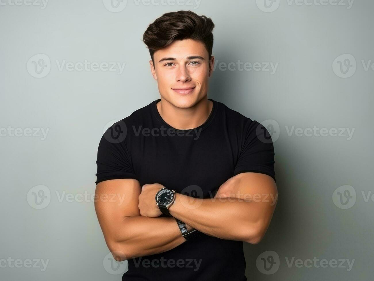 Happy european man in casual clothing against a neutral background AI Generative photo