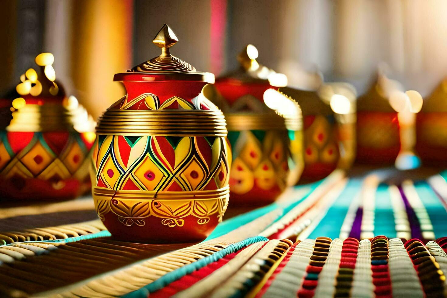 colorful ceramic jars on a table. AI-Generated photo