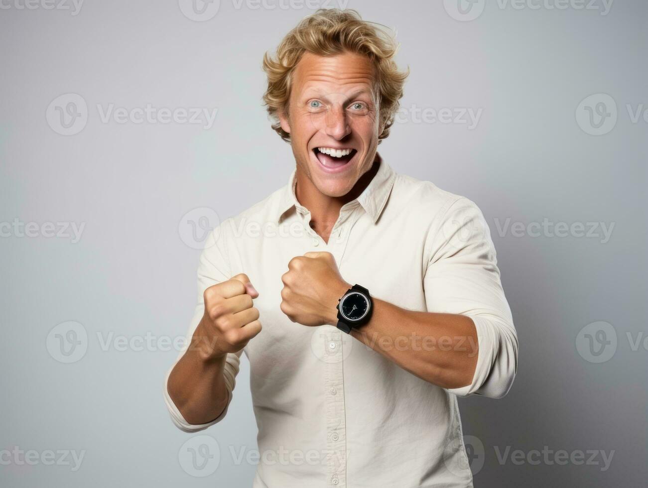 Happy european man in casual clothing against a neutral background AI Generative photo