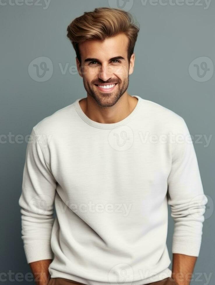 Happy european man in casual clothing against a neutral background AI Generative photo