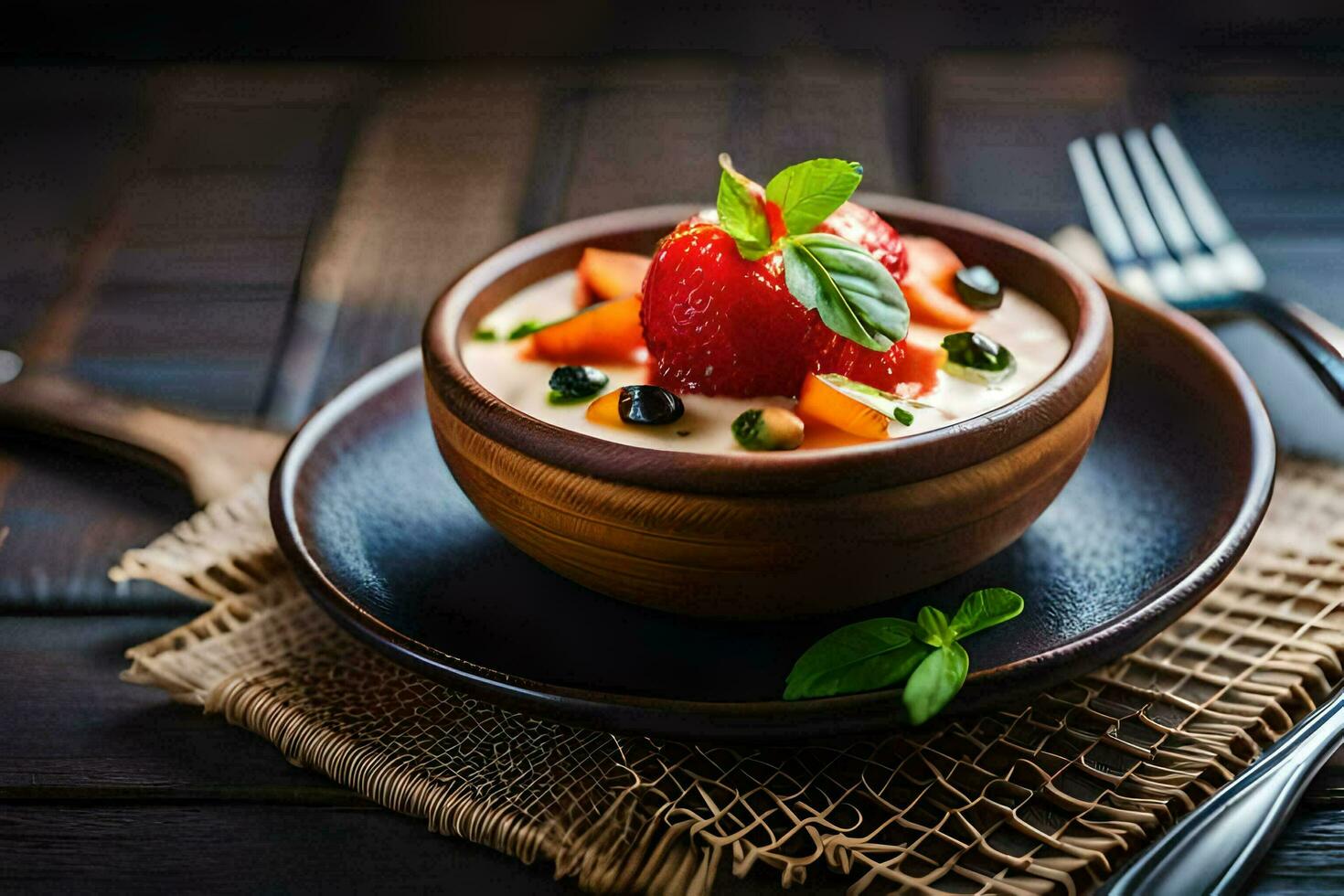 a bowl of fruit and vegetables is served on a wooden table. AI-Generated photo