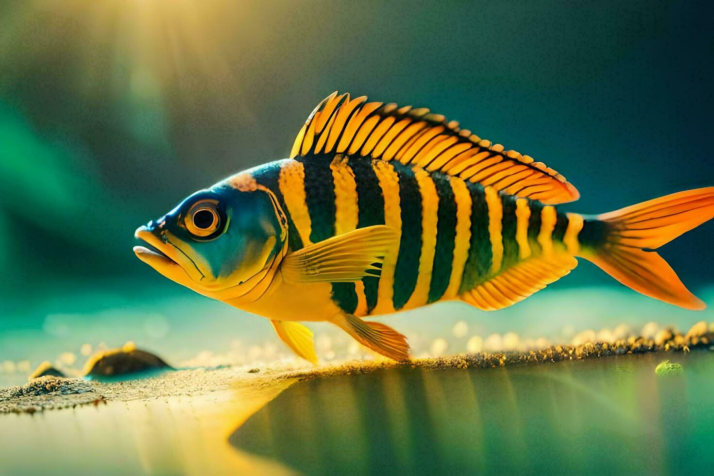 a fish with stripes on its body is standing in the water. AI-Generated photo