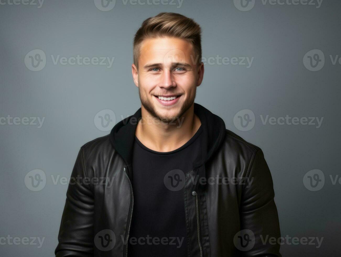 Happy european man in casual clothing against a neutral background AI Generative photo