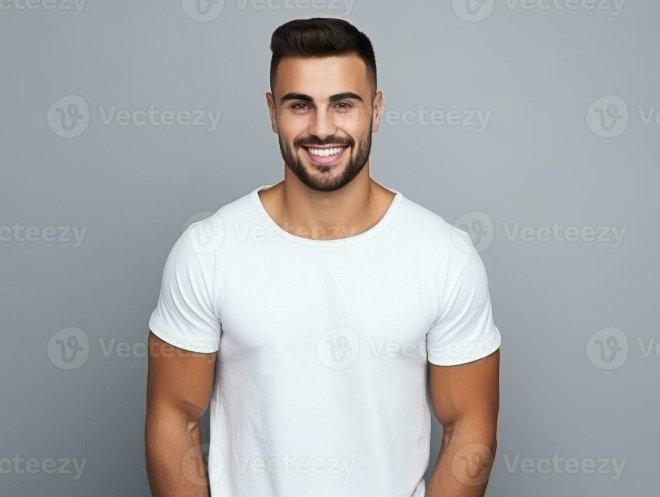 Happy european man in casual clothing against a neutral background AI Generative photo